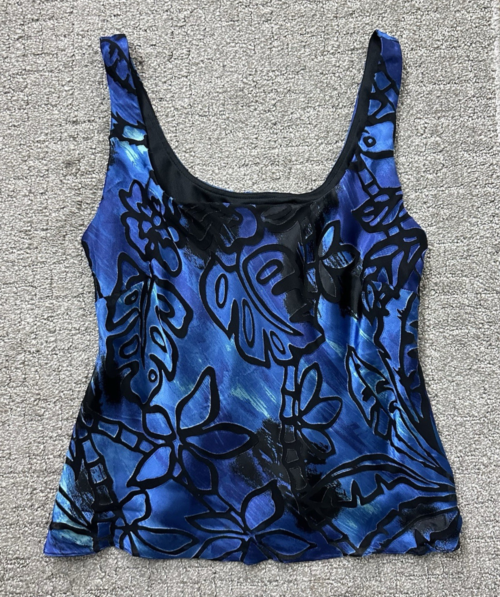 VTG Alex Evenings Y2K 90s Grunge Tropical Tank‎ Top Silk Blend Blue Monstera L
